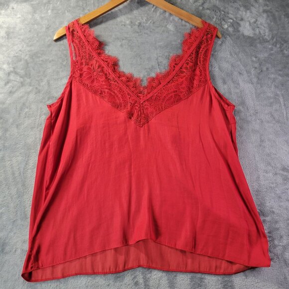 H&M Womens Red Lace Trim Cami‎ Tank Top M Sleeveless V Neck Romantic Date Night - Picture 7 of 9